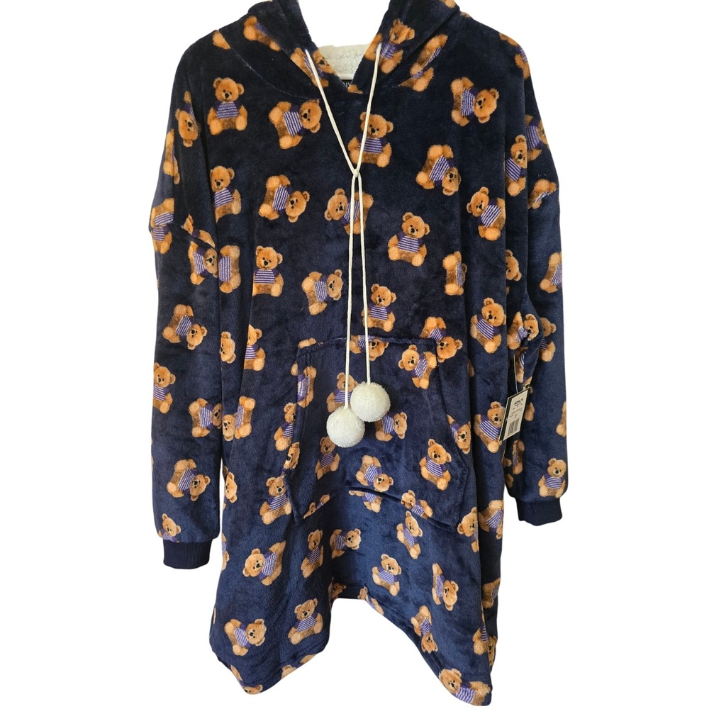 Harper & Ivy Navy Teddy Bear Oversized Wearable Blanket Hoodie Pom Pom OS NWT